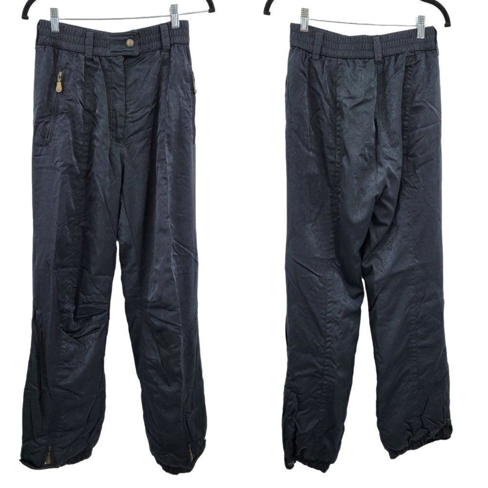 Vintage 80s Ski Snow Pants 10 Black Satin High-Rise Adjustable Cuffs Zip Pockets